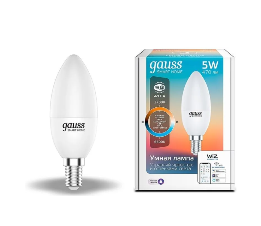 GAUSS Smart Home E14 белая 5Вт 470lm Wi-Fi (1шт) (1110112)