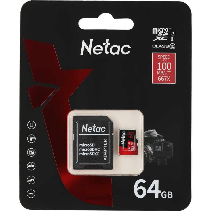 Netac P500 Extreme Pro 64Gb MicroSD + SD адаптер (NT02P500PRO-064G-R)