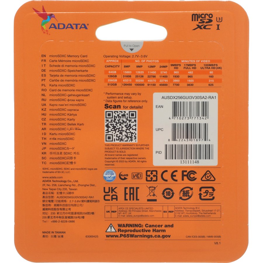 ADATA 256Gb MicroSD + SD адаптер (AUSDX256GUI3V30SA2-RA1)