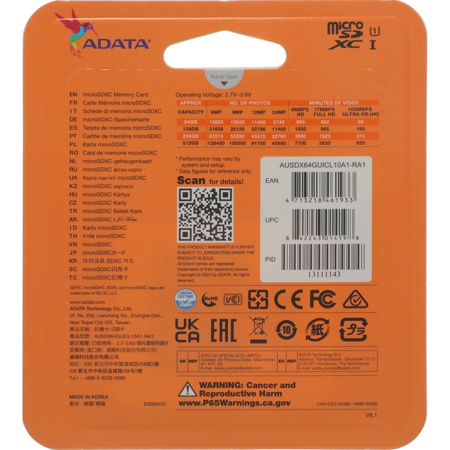 ADATA Premier 64Gb MicroSD + SD адаптер (AUSDX64GUICL10A1-RA1)