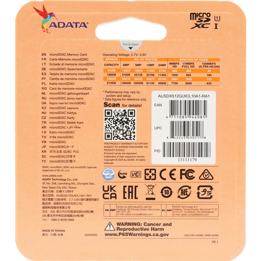 ADATA + SD адаптер 512Gb MicroSD (AUSDX512GUICL10A1-RA1)